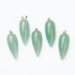 Green Aventurine Natural Green Aventurine Pointed Pendants, with Platinum Brass Findings, Bullet, 32~33x12mm, Hole: 2.5x6mm