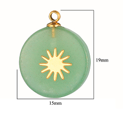Зеленый Авантюрин Естественный зеленый авантюрин подвески, плоские круглые прелести, с кусочком солнца из нержавеющей стали золотистого цвета, 18~19x15x3.7~4.1 мм