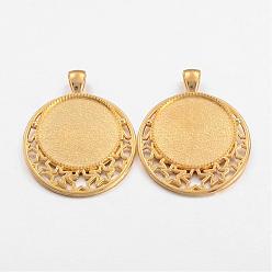 Golden Tibetan Style Alloy Pendant Cabochon Settings, Cadmium Free & Lead Free, Flat Round with Stars, Golden, Tray: 25mm, 44x36x2mm, Hole: 5x7mm, about 140pcs/kg