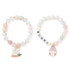 Colorful 2Pcs 2 Style Easter Theme Glass & Shell Pearl Beaded Stretch Bracelets Set, Acrylic Word Bunny Kids Bracelet with Alloy Enamel Rabbit Charms, Colorful, Inner Diameter: 1-3/4 inch(4.5cm), 1Pc/style