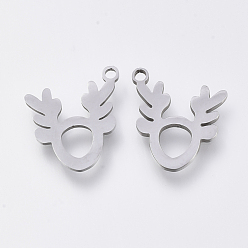 Stainless Steel Color 201 Stainless Steel Charms, Laser Cut Pendants, Elk Christmas Reindeer/Stag, Stainless Steel Color, 14x13x1mm, Hole: 1.2mm
