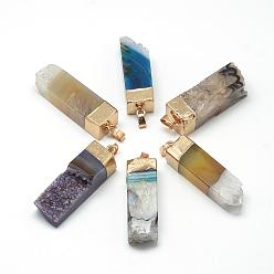 Mixed Color Natural Druzy Agate Pendants, with Brass Findings, Dyed, Cuboid, Golden, Mixed Color, 49~53x14~16x13~16mm, Hole: 7x4mm