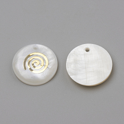 Golden Freshwater Shell Pendants, Flat Round & Vortex, Golden, 16x3.5~4mm, Hole: 1.2mm