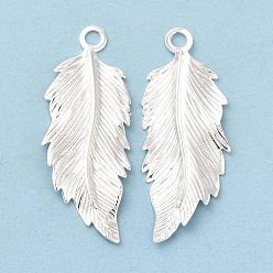 925 Sterling Silver Plated Brass Pendants, Cadmium Free & Lead Free, Leaf Charm, 925 Sterling Silver Plated, 32x12.5x1mm, Hole: 2mm