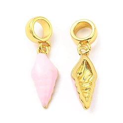 Pink Brass Enamel European Dangle Charms, Large Hole Pendants, Lead Free & Cadmium Free, Real 18K Gold Plated, Conch Charm, Pink, 27mm, Hole: 5mm