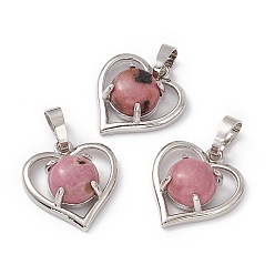 Rhodonite Natural Rhodonite Pendants, Heart Charms, with Platinum Tone Brass Findings, Cadmium Free & Nickel Free & Lead Free, 21.5x19.5x7.5~8mm, Hole: 7.5x5mm