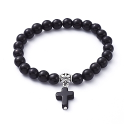 Noir Étirer bracelets de charme, avec des perles synthétiques turquoise(teintes), bélières en alliage de style tibétain, croix, noir, diamètre intérieur: 2-1/8 pouce (5.4 cm)