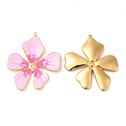 Pearl Pink 304 Stainless Steel Enamel Pendants, with Rhinestones, Real 18K Gold Plated, Flower Charm, Pearl Pink, 37.5x33x3mm, Hole: 1.4mm