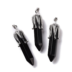 Obsidian Natural Obsidian Big Pendants, with Platinum Tone Brass Findings, Cadmium Free & Lead Free, Bullet with Leaf, 53.5~57x14~15x14~15mm, Hole: 7x4mm
