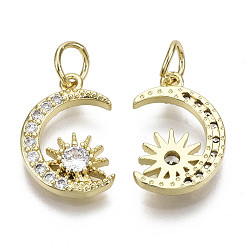 Real 14K Gold Plated Brass Micro Pave Clear Cubic Zirconia Charms, with Jump Ring, Nickel Free, Moon with Sun, Real 14K Gold Plated, 14.5x10x2.5mm, Jump Ring: 5x1mm, 3mm inner diameter