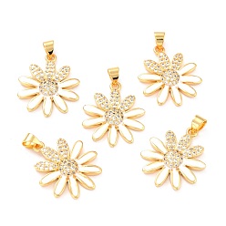 White Real 18K Gold Plated Brass Micro Pave Cubic Zirconia Pendants, with Enamel, Long-Lasting Plated, Flower, White, 22.5x19.5x3.5mm, Hole: 3.5x4mm