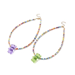 Mixed Color Acrylic Bear & Glass Seed Beaded Necklace for Women, Mixed Color, 15.28 inch(38.8cm)