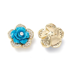 Dodger Blue Brass Micro Pave Cubic Zirconia Beads, with Grade A Rhinestone & Resin, Lead Free & Cadmium Free, Long-Lasting Plated, Real 18K Gold Plated, Flower, Dodger Blue, 18x11mm, Hole: 1mm