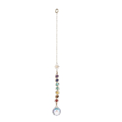 Pierre Mélangete Décorations de pendentif en forme de larme de verre, attrape-soleil suspendus, avec 7 perle de pierres précieuses naturelles chakra et lien en laiton soleil, 260mm