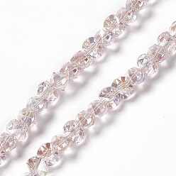 Pink Transparentes perles de verre de galvanoplastie brins, de couleur plaquée ab , facette, bowknot, rose, 6x8x7.5mm, Trou: 1.5mm, Environ 93~97 pcs/chapelet, 20.87~21.26 pouce (53~54 cm)