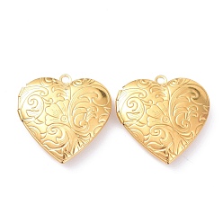 Golden Ion Plating(IP) 304 Stainless Steel Locket Pendants, Photo Frame Pendants for Necklaces, Heart with Flower, Golden, 29x29x7mm, Hole: 2mm, Inner Diameter: 20x19mm