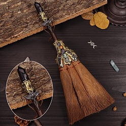 Obsidian Natural Obsidian Witch Altar Broom, Miniature Wicca Brush, Mane Broomstick for Magic Ceremonial, Halloween Wiccan Ritual, with Alloy Wing, 290x135mm