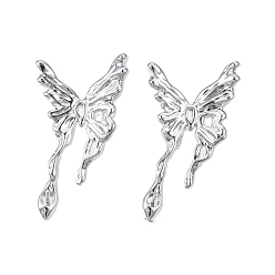 Real Platinum Plated Brass Stud Earring Findings, for Half Drilled Beads, Cadmium Free & Nickel Free & Lead Free, Butterfly, Real Platinum Plated, 31.5x18mm, Pin: 0.7mm and 1mm(for half drilled bead)