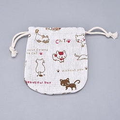 Cat Shape Burlap Pouches Gift Storage Bags, Candy Treat Party Packing Bags, with Polyester Drawstring Cord, Cat Pattern, 11.5x11cm
