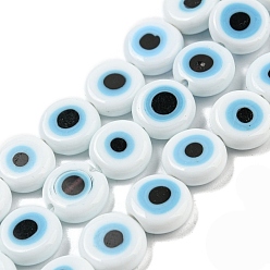 Blanco Hechos a mano de cristal de murano mal de ojo planas hebras de perlas redondas, blanco, 12x5 mm, agujero: 1 mm, sobre 33 unidades / cadena, 14.76 pulgada