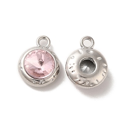 Pink Glass Pendants, Rack Plating Platinum Alloy Findings, Nickel Free, Flat Round Charms, Pink, 15x11.5x6mm, Hole: 2mm