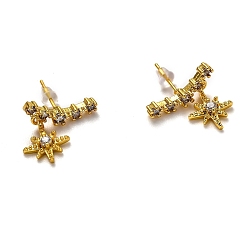Real 18K Gold Plated Brass Micro Pave Clear Cubic Zirconia Stud Earrings, with Ear Nuts, Star, Real 18K Gold Plated, 18x17mm, Pin: 0.6mm