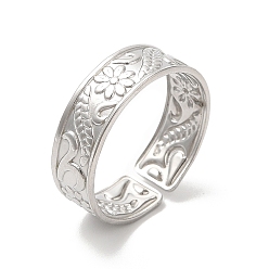 Stainless Steel Color 304 Stainless Steel Cuff Wide Band Finger Rings, Flower and Leaf Pattern Open Rings for Women, Stainless Steel Color, Inner Diameter: 18mm