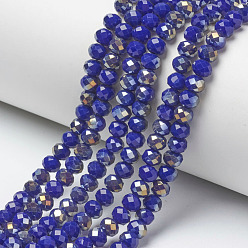Dark Blue Electroplate Opaque Glass Beads Strands, Half Rainbow Plated, Faceted, Rondelle, Dark Blue, 4x3mm, Hole: 0.4mm, about 123~127pcs/strand, 16.5~16.9 inch(42~43cm)
