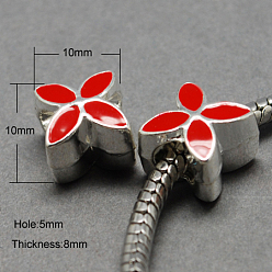 Red Alloy Enamel European Beads, Large Hole Beads, Flower, Silver Color Plated, Red, 10x10x8mm, Hole: 5mm