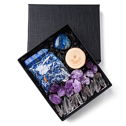 Lapis Lazuli Natural Lapis Lazuli & Quartz Crystal & Amethyst Bullet & Heart & Nugget & Chips Gift Box, Display Decorations, Pocket Worry Stone, Reiki Energy Stone Ornament, with Wood Slice, Package Size: 135x110x30mm