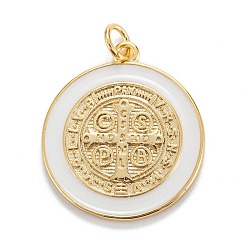 Blanco Colgantes de esmalte de bronce, real 18 k chapado en oro, larga duración plateado, encantos de la medalla de san benito, blanco, 23x20.5x2 mm, agujero: 3 mm, anillo de salto: 5x0.8 mm