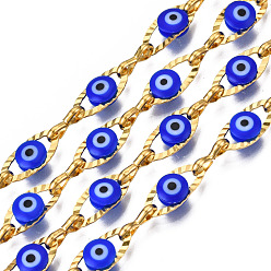 Blue Ion Plating(IP) 304 Stainless Steel Textured Oval Cable Chains, with Enamel Evil Eye Beads, with Spool, Unwelded, Real 18K Gold Plated, Nickel Free, Blue, 11x5.5x3mm, 7.5x3x1mm, about 32.81 Feet(10m)/Roll