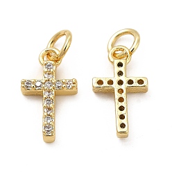 Golden Brass Micro Pave Cubic Zirconia Charms, with Jump Ring, Religion Cross Charm, Golden, 13.5x7.5x2.5mm, Hole: 3.3mm