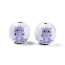Hippo Animal Theme Printed Wooden Beads, Round, Hippo Pattern, 15.5~16x15mm, Hole: 3.5mm
