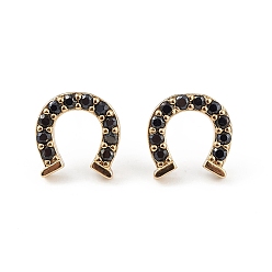 Real 18K Gold Plated Black Cubic Zirconia Horse Shoes Stud Earrings, Brass Jewelry for Women, Long-Lasting Plated, Lead Free & Cadmium Free, Real 18K Gold Plated, 10x10mm, Pin: 0.8mm