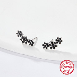 Black Cubic Zirconia Flower Stud Earrings, Silver 925 Sterling Silver Post Earings, Black, 12x5mm