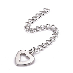 Stainless Steel Color 304 Stainless Steel Chain Extender, Curb Chain, with 202 Stainless Steel Charms, Hollow Heart, Stainless Steel Color, 66mm, Link: 3.7x3x0.5mm, Heart: 11x10x1mm