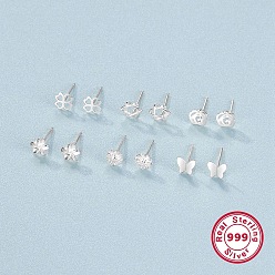 Платина 6 пары 6 стиль 999 комплекты изящных серебряных сережек-пусетов для женщин, полый клевер, звезда, цветок и бабочка, платина, 4.5~6 мм, 1 пара / стиль