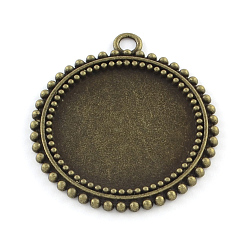 Antique Bronze Tibetan Style Flat Round Alloy Pendant Cabochon Settings, Cadmium Free & Nickel Free & Lead Free, Antique Bronze, Tray: 25mm, 37x33x2mm, Hole: 3mm, about 180pcs/1000g