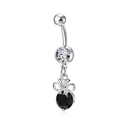 Black Piercing Jewelry, Brass Cubic Zirconia Navel Ring, Navel Ring Belly Rings, with 304 Stainless Steel Bar, Lead Free & Cadmium Free, Flat Round, Platinum, Black, 46x10mm, Bar Length: 3/8"(10mm), Bar: 14 Gauge(1.6mm)