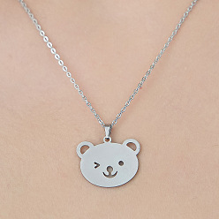 Stainless Steel Color 201 Stainless Steel Hollow Bear Pendant Necklace, Stainless Steel Color, 17.72 inch(45cm)