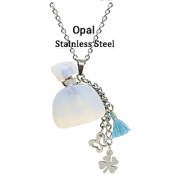 Opalite Opalite Perfume Bottle Pendant Necklace with Staninless Steel Butterfly Flower and Tassel Charms, Essential Oil Vial Jewelry for Women, 18.11 inch(46cm)