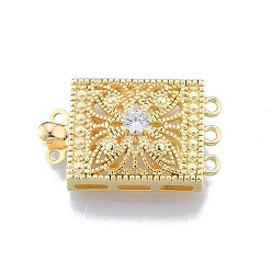 Real 18K Gold Plated Brass Pave Clear Cubic Zirconia Box Clasps, Multi-Strand Clasps, 3-Strands, 6 Holes, Rectangle, Real 18K Gold Plated, 14x22.9x6.7mm, Hole: 1.2mm