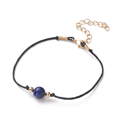 Lapis Lazuli Bracelets en perles de lapis-lazuli naturel (teint), avec des cordons de coton ciré, perles rondes en laiton et fermoirs à pince de homard, or, 7-5/8~7-7/8 pouce (19.5~20 cm)