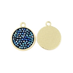 Circón Azul Colgantes de diamantes de imitación, con fornituras claros en latón dorado, plano y redondo, sin plomo y cadmio, circón azul, 22x18.5x2.5 mm, agujero: 2 mm