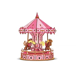 Hot Pink DIY 3D Wooden Puzzle, Hand Craft Carousel Model Kits, Gift Toys for Kids and Teens, Hot Pink, 145x145x178mm, 67pcs/set