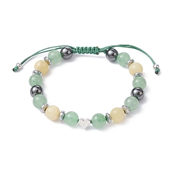 Topaz Jade Natural Green Aventurine & Topaz Jade & Brass Heart Braided Bead Bracelet, Adjustable Bracelet for Women, Inner Diameter: 2-1/8~3-3/8 inch(5.4~8.6cm)