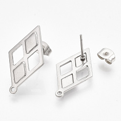 Stainless Steel Color 304 Stainless Steel Stud Earring Findings, with Ear Nuts/Earring Backs, Rhombus, Stainless Steel Color, 24x13.5mm, Hole: 1.2mm, Side Length: 12mm, Pin: 0.7mm