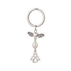 Couleur Mélangete 304 porte-clés ange en acier inoxydable, avec des perles de culture d'eau douce naturelles, couleur mixte, 7 cm