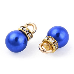 Azul Encantos de plástico abs, con los hallazgos de hierro tono de oro y diamantes de imitación, teñido, encanto redondo, azul, 13.5x8 mm, agujero: 2.5 mm